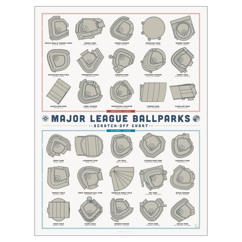 Pop Chart Lab Pop Chart | Major League Ballparks Scratch-Off Poster | 12" x 16" Print | Track Your Visits to MLB Stadiums | Baseball Decor Gift | 100% Made in USA - Image 1